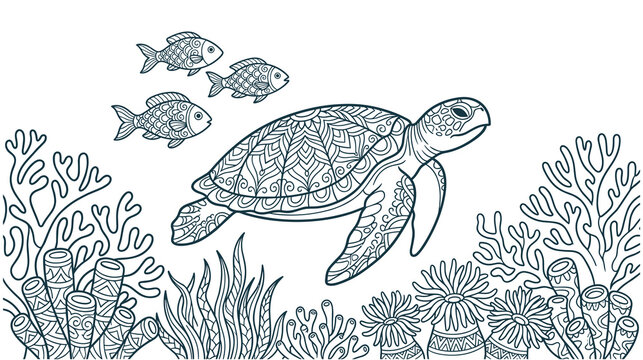 Underwater adult anti stress coloring page with ornamental turtle.