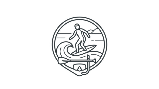 Surfing and diving emblem badge design line art icon.