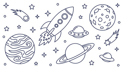 Space elements with rocket planet stars and UFO cosmic pattern. © NAZMA