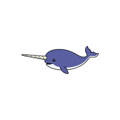 Cute cartoon narwhal swimming on white. © riiicil