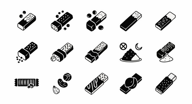 A collection of isometric icons depicting various snack bars and ingredients