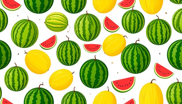 Colorful Watermelon and Melon Pattern Arranged on White Background