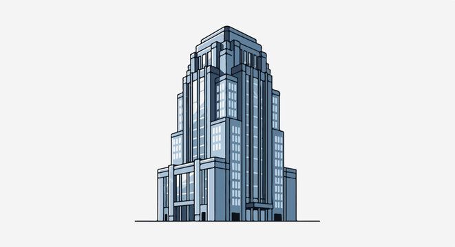 Stylized art deco skyscraper with blue glass windows and distinct setbacks