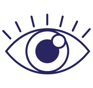 Navy blue eye icon with sun rays  simple human eye illustration
