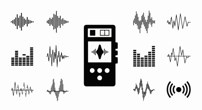 Collection of audio waveforms, sound visualizers, and an audio recorder icon