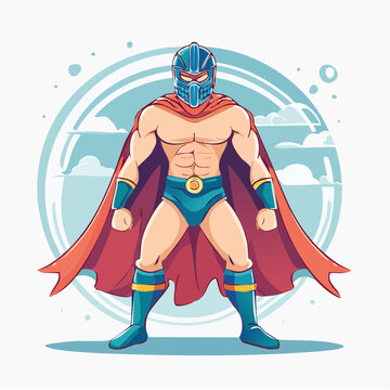 Cartoon Superhero Standing Confidently with Cape and Mask