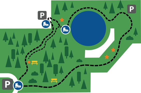Flat Style Winter Ice Skating Park Trail Map Vector with Lake, Forest, Parking, and Activity Icons for Outdoor and Recreation Designs