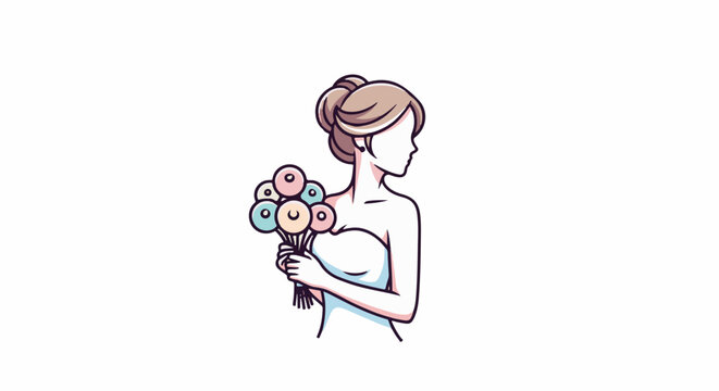 Stylized profile of a woman in a strapless dress holding a bouquet of round flowers