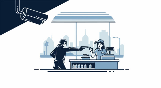 Surveillance camera captures a masked person pointing a gun at a shocked cashier in a store