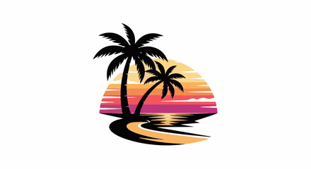 Obraz premium Silhouette of two palm trees against a vibrant sunset over reflective water