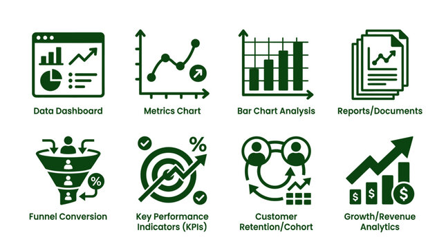 Set of eight business analytics and data visualization icons.