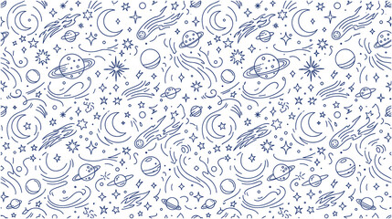 Space doodle pattern with planets stars and moons art. © NAZMA