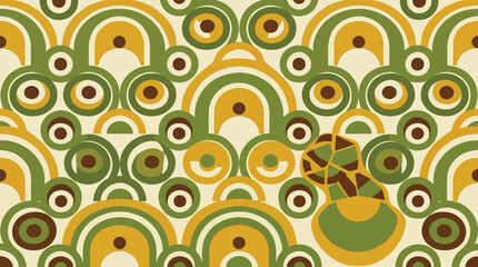 Fototapeta premium Groovy 70s retro seamless pattern. Psychedelic geometric arches, concentric circles in olive, mustard, brown. Vintage background for textiles, decor