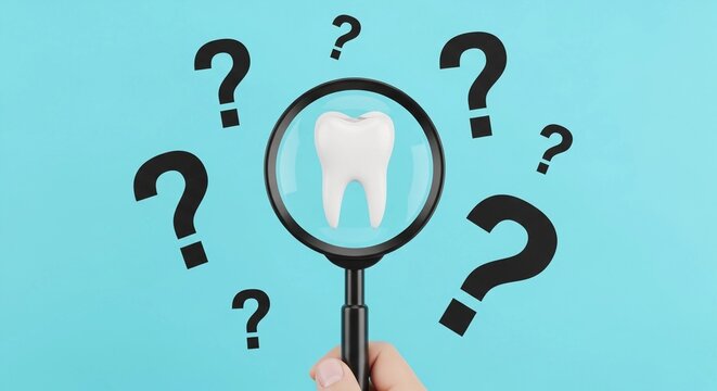 White molar tooth viewed through a black magnifying glass held by a human hand surrounded by multiple black question marks on a soft blue background