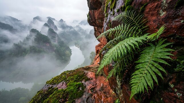 Green fern leaves growing on a misty cliff side in the mountains