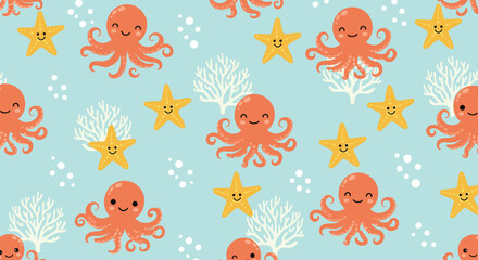 Obraz premium Adorable seamless pattern with smiling orange octopuses, yellow starfish, and white corals on a light blue background.