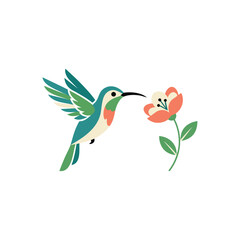 Fototapeta premium Colorful hummingbird hovering near flower illustration.
