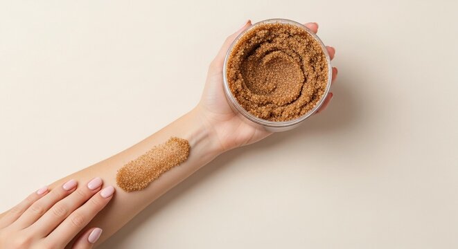 Female hand holding a transparent container of brown sugar body scrub while testing the textured product swatch on her soft arm against a neutral background