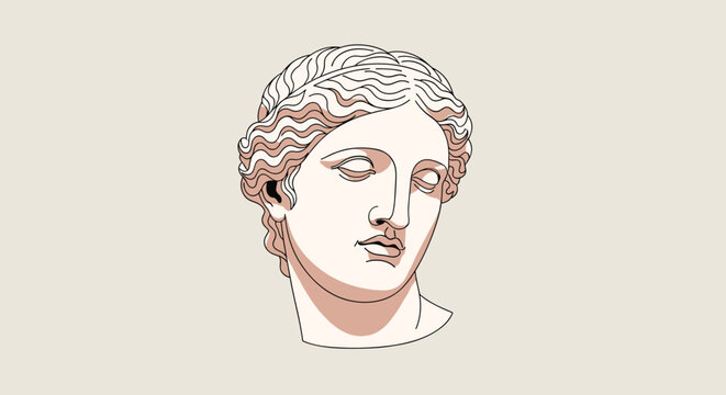 Elegant illustration of a classical Greek or Roman female head statue with wavy hair and serene expression on cream.