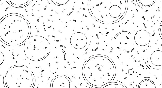 Subtle minimalist black and white seamless pattern with abstract circles, arcs, and dashed lines on white background.