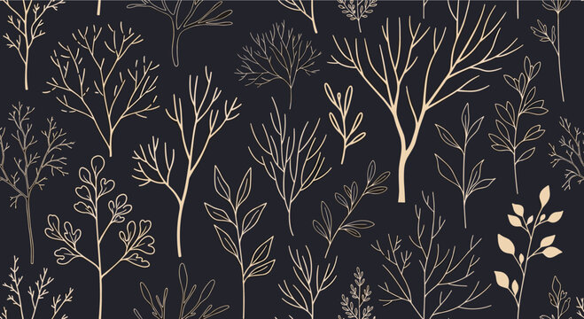 Delicate seamless pattern of bare winter trees and botanical branches in cream color over a dark blue background.