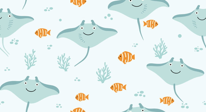 Adorable marine seamless pattern with blue stingrays, orange striped fish, and corals on a light blue background.