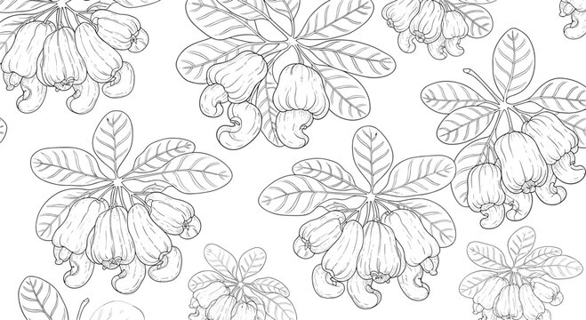 Intricate black and white line art seamless pattern of tropical cashew apples, nuts, and green leaves on white.