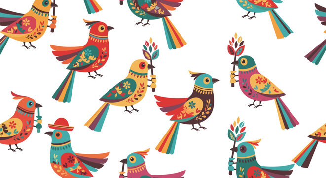 Vibrant seamless pattern with colorful birds decorated with folk art floral motifs on a plain white background.