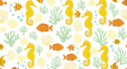 Obraz premium Charming underwater pattern with yellow seahorses, orange fish, green coral branches, and light beige seashells on a white background.