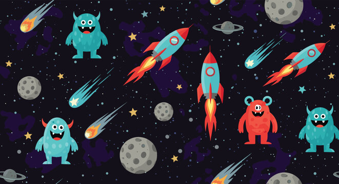 Fun space pattern featuring colorful monsters, rockets, planets, meteors, and stars scattered across a dark blue galaxy background texture.