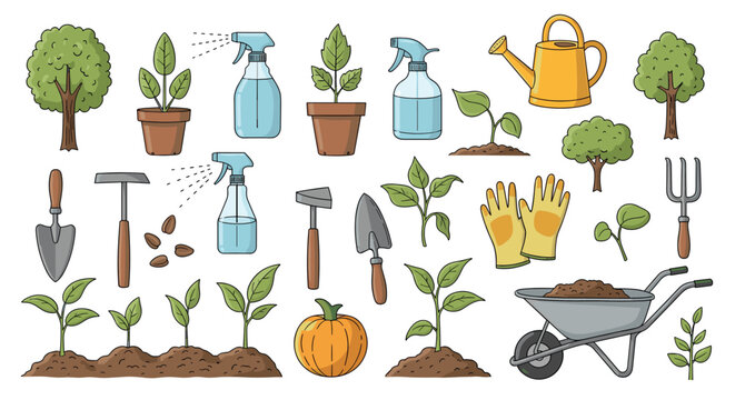 Large set of gardening illustrations including various plants in pots, trees, tools like shovels and rakes, and a wheelbarrow on white.