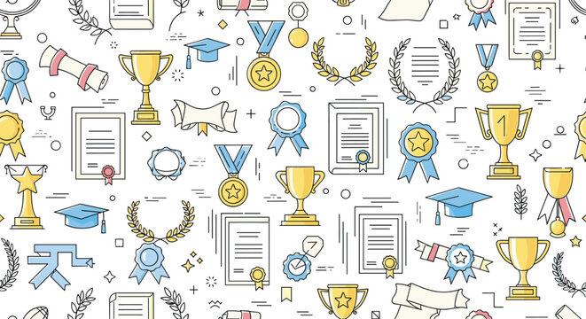 Dense pattern of various award icons including gold cups, medals, certificates, and graduation caps on a white background with line art.