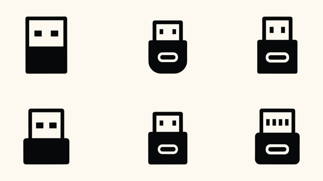 Set of various usb port and electronic connector design icons.