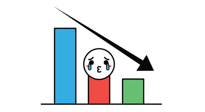 Business performance chart showing a decline with a sad crying face and a black arrow pointing down over colored bars on a white background.