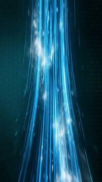 Streaks of bright blue light ascend against a dark background with binary code and hexagonal pattern, representing data flow and technological advancement