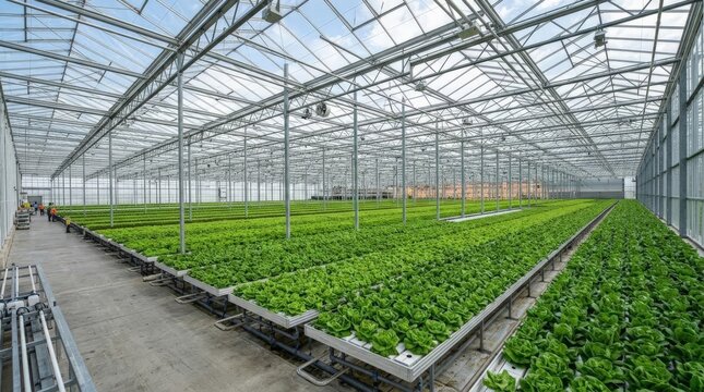 Large greenhouse interior with lettuce rows in indoor farm.