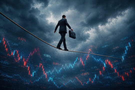 Businessman Walking Tightrope Above Volatile Financial Markets and Economic Uncertainty