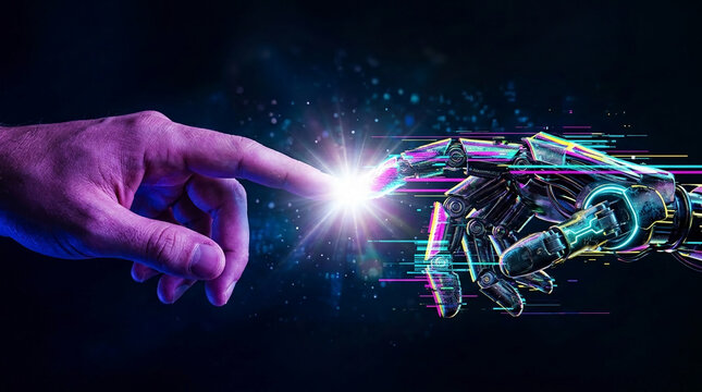 Human finger and robotic hand touching, representing the convergence of humanity and technology, innovation, and the future