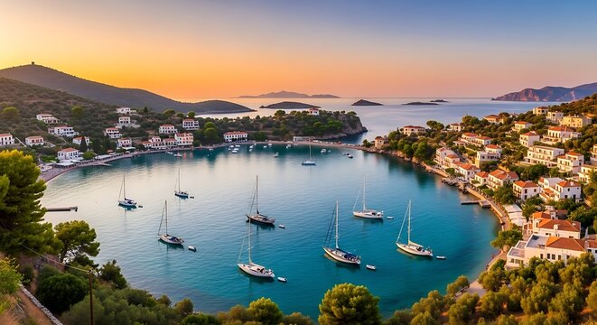Scenic Coastal Harbor with Sailboats at Sunset Glow.
