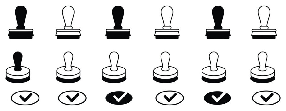 Stamp icon set featuring approval stamp symbols, imprint elements, stamper graphics, watermark signs, ink pad indicators, and permission logotypes, vector illustration, vector, designs