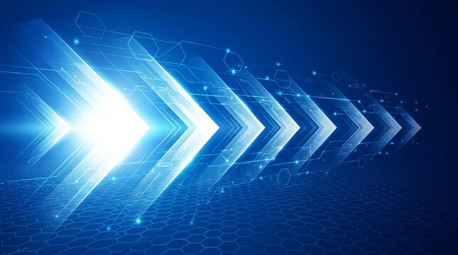 Abstract digital technology background with glowing blue arrows and hexagonal patterns, symbolizing speed, data, and connectivity