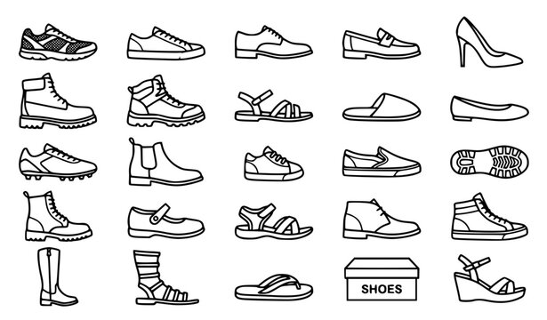Footwear Shoes 25 Icons Set with Sneakers Boots Sandals and Fashion Shoe Symbols Vector