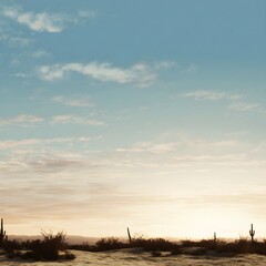 Fototapeta premium Desert landscape at sunrise with saguaro cacti silhouettes, golden hour light over arid wilderness, vast blue sky with soft clouds over sandy desert floor