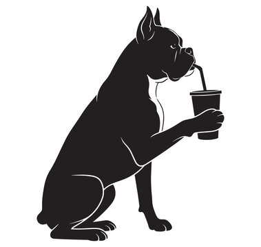 black dog sitting and drinking from a cup with a straw