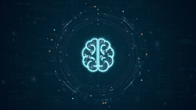 Motion graphic of glowing brain icon inside a futuristic HUD interface, with digital technology background for AI analytics and machine learning concept.
