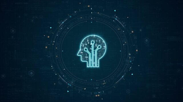 Motion graphic of glowing artificial intelligence head with circuit lines, digital HUD interface and futuristic technology background for innovation data concept.