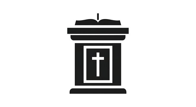 Black Church Pulpit Icon with Open Bible on White Background