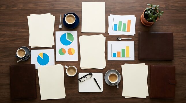 Top view of wooden business desk with data charts and coffee