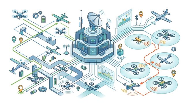 Autonomous Drone Fleet Management and Air Traffic Control Isometric Illustration