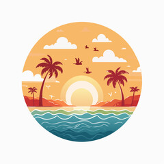Obraz premium Tropical Sunset with Palm Trees and Ocean Waves